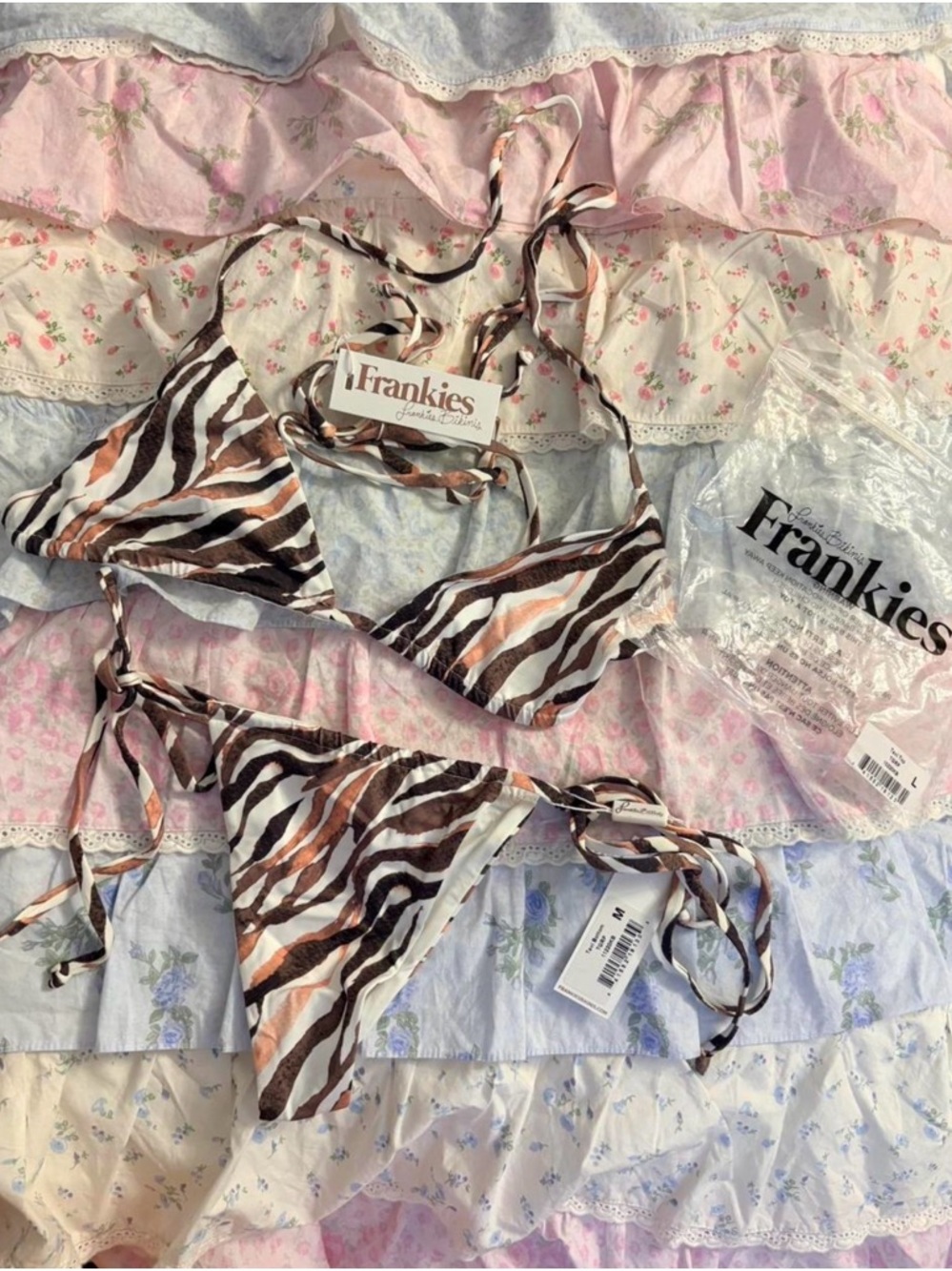 Frankie's Bikinis Brown Black White Zebra-Print Triangle Tie-Side Bikini
